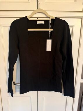 NWT Elie Tahari Black Square-Neck Ribbed Knit Long-Sleeve Top